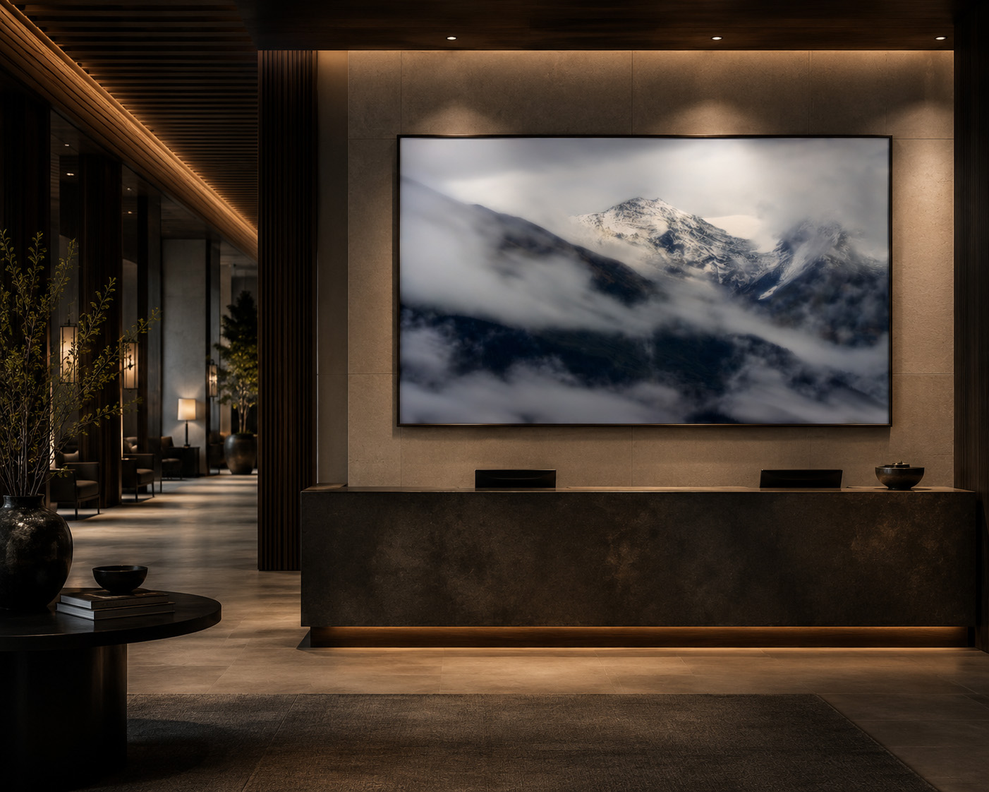 Boutique hotel reception area with large framed mountain cloud fine art photography by Dan Sproul